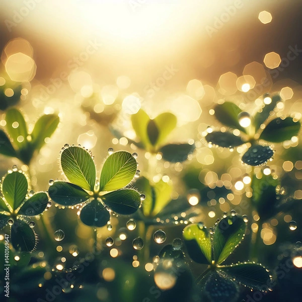 Fototapeta Dew-kissed clover in sunlit green meadow with soft bokeh background.