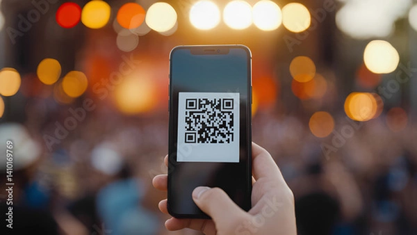 Fototapeta Close-up of QR code health pass on a phone being scanned at a summer music event