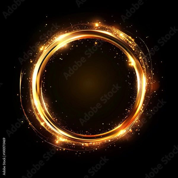 Fototapeta A glowing golden ring of light surrounded by sparkling particles on a dark background, exuding a magical and radiant effect