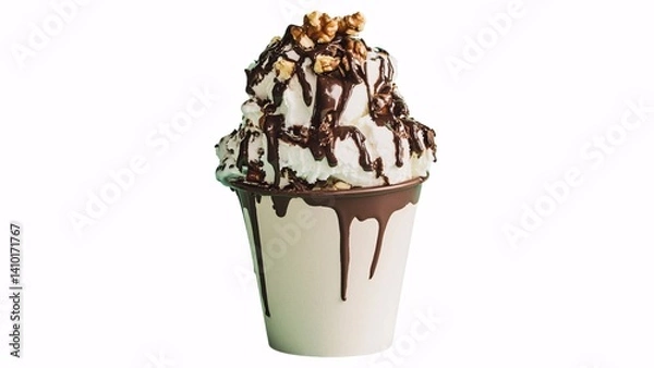 Fototapeta Paper cup filled with ice cream topped with chocolate syrup and chopped nuts, placed on a white background.