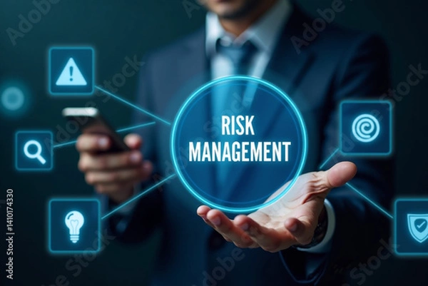 Fototapeta Assessment for investment concept. Businessman touching on screen to risk management and assessment of business and enterprise. risk manage strategy plan finance.
