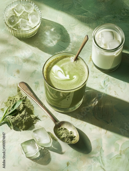 Fototapeta glass of creamy matcha latte with spoon, surrounded by matcha powder, ice cubes, and jar of milk on textured green surface. scene is bathed in soft, natural light