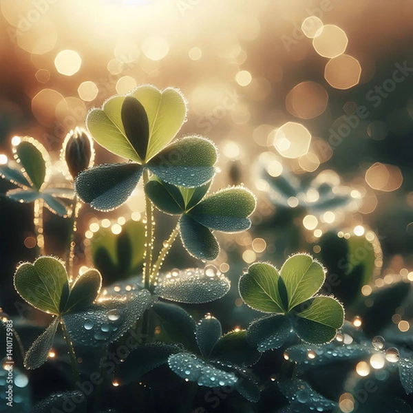 Fototapeta Dew-kissed clover in sunlit green meadow with soft bokeh background.