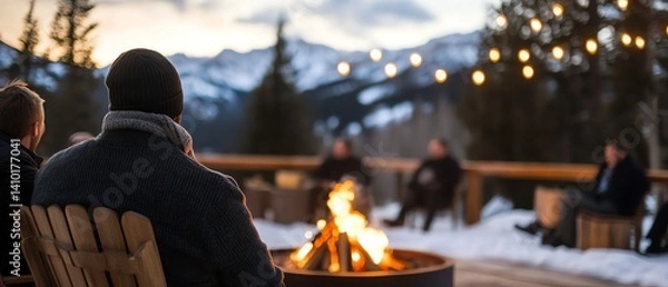 Fototapeta Apresski mountain lodge party with fire pit and cozy sweaters