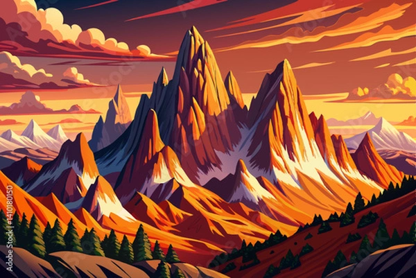 Obraz Beautiful landscape of Italian dolomites peak mountains at sunset time,  Simple cartoon design Flat style vector illustration