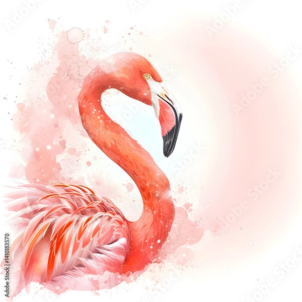 Obraz A watercolor flamingo in side view with soft blended pink and coral brush strokes elegant neck and light splatter texture white background
