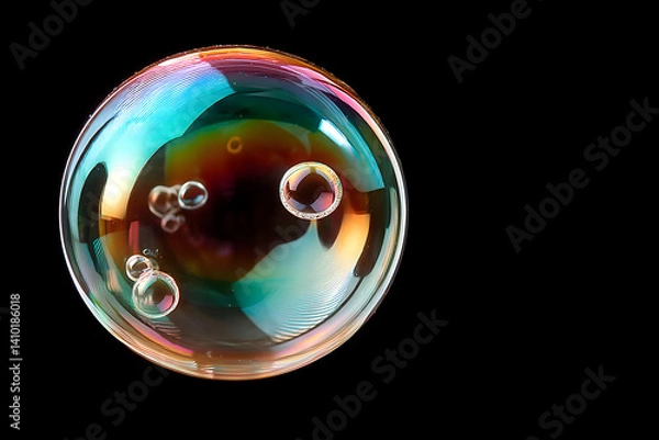 Obraz Colorful soap bubble floating, iridescent spherical design with surface reflections, playful element, vibrant backdrop, space available for text.