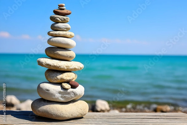Fototapeta Balanced stone tower by a tranquil sea, smooth stones stacked neatly, peaceful setting for mindfulness and relaxation.