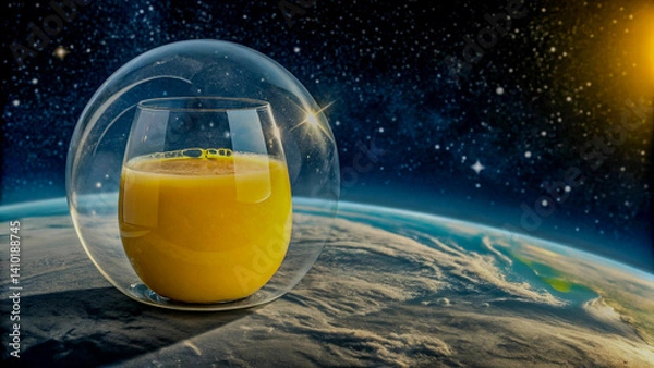 Obraz Mango Juice Inside a Transparent Glassy Orb Floating Above a Planet's Surface