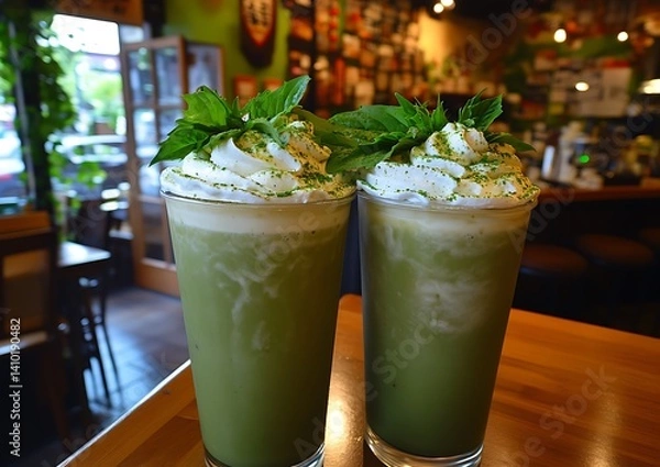 Fototapeta Iced Matcha Drinks in Cafe