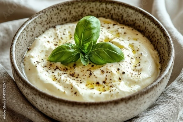 Fototapeta Creamy yogurt topped with fresh basil and drizzled with olive oil in a rustic bowl