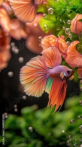 Obraz Breathtaking Siamese Fighting Fish Glides Effortlessly Through Blooms of Vibrant Aquatic Plants, Creating a Stunning Underwater Scene