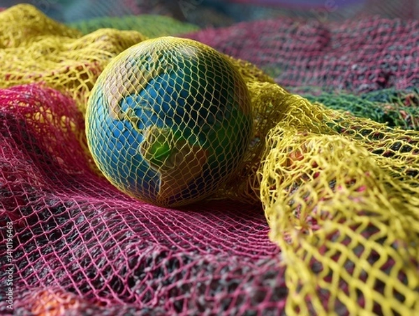 Fototapeta A vibrant Earth cradle in a fishing net, symbolizing global liberation from harmful practices.