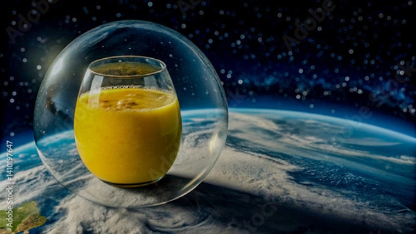 Obraz Mango Juice Inside a Transparent Glassy Orb Floating Above a Planet's Surface