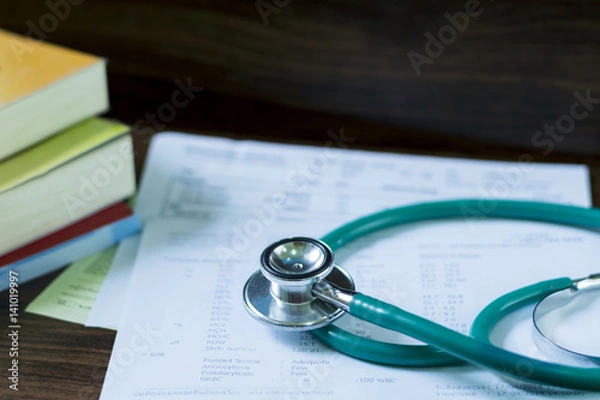 Obraz Stethocope and blood test result