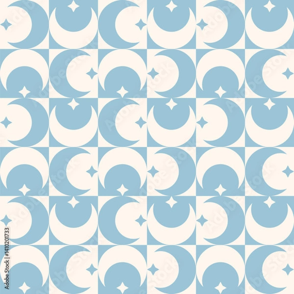 Fototapeta Vector Seamless Abstract Geometric Blue Pattern with Moon, Stars and Squares
