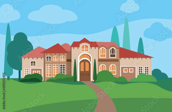 Fototapeta A large country house. Front view. Vector illustration in the flat style
