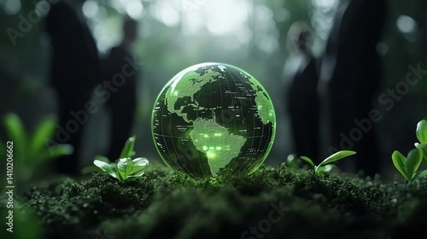 Fototapeta Clevel team exploring sustainability strategy with holographic earth and data points, green tech focus, 3D illustration