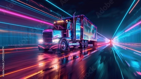 Fototapeta A truck with neon lights on it is driving down a road at night