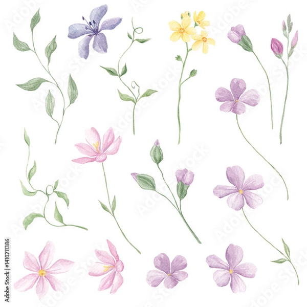 Fototapeta Forest Spring Florals, Meadow Clipart, Watercolor Birds, Butterflies, Garden Flowers, Baby Shower, Sublimation Elements, Tiny Flowers