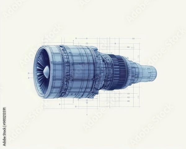 Fototapeta Exploded schematic of a turbofan engine s fan module, with detailed blade design and hub assembly