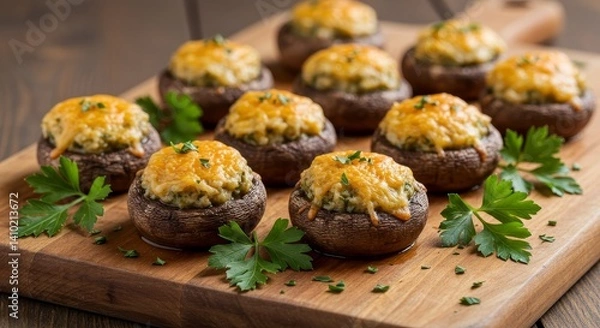Fototapeta Gourmet Stuffed Mushrooms Appetizer Platter - Delectable cheesy stuffed mushrooms, a perfect appetizer. Symbolizes comfort food, culinary skill, party delight, festive gathering, and delicious flavors