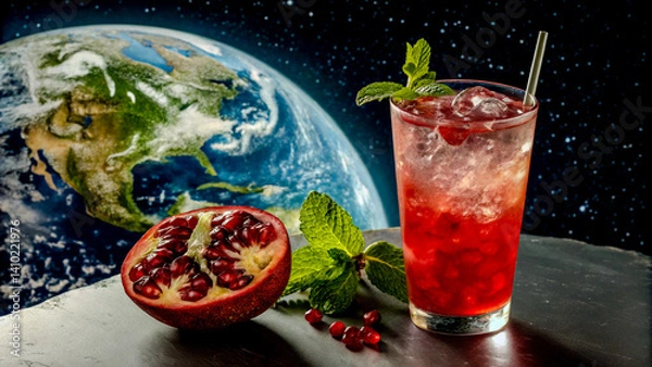Obraz Pomegranate-Mint Cocktail at the Heart of a Shimmering Planet