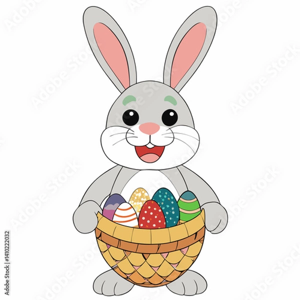 Fototapeta Smiling Easter Bunny Holding A Wicker Basket Filled With Decorated Eggs Festive Spring Holiday Cartoon Character Vector Illustration