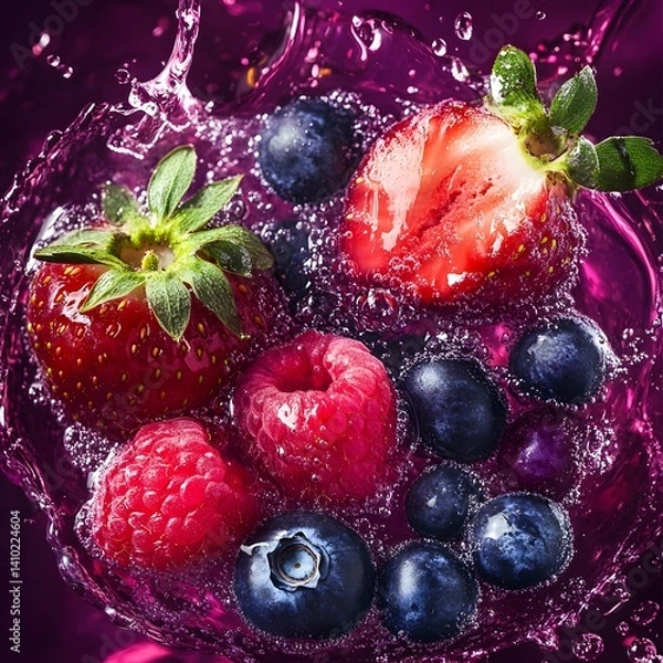 Fototapeta Fresh Berries and Strawberries Splashing in Water Isolated Background