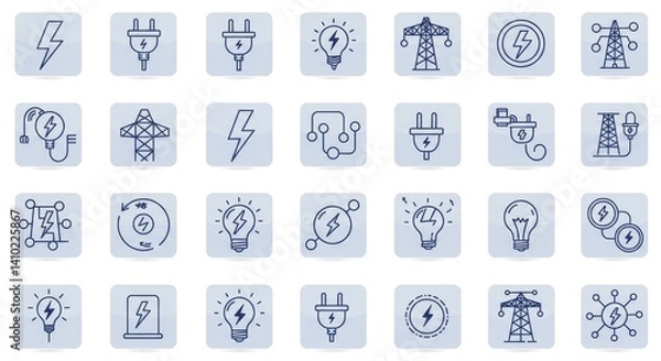 Fototapeta Power Grid Icons: Energy Technology Website Design - A collection of electricity icons symbolizing power, technology, connection, innovation, and sustainability. Ideal for website design