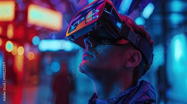 Fototapeta Man wearing futuristic VR headset glasses looks up in cyberspace metaverse technology. Generated AI