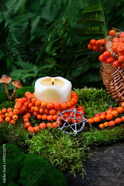 Obraz pentacle amulet, magic candle and red rowan tree berries in forest close up, nature background. Witchcraft, protective rowanberry practice. Wiccan spiritual esoteric ritual. 