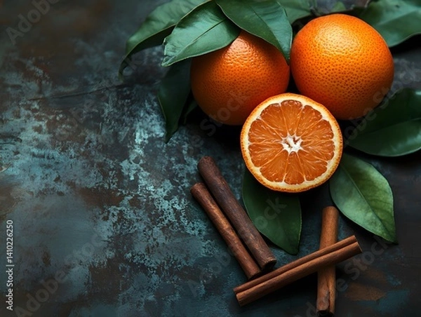Obraz Tangerines with cinnamon sticks on a dark rustic background, cozy and warm lighting, winter mood