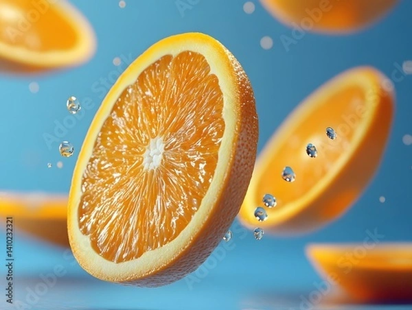Obraz Floating sliced oranges on a bright blue background, minimalistic, vibrant color contrast, modern style