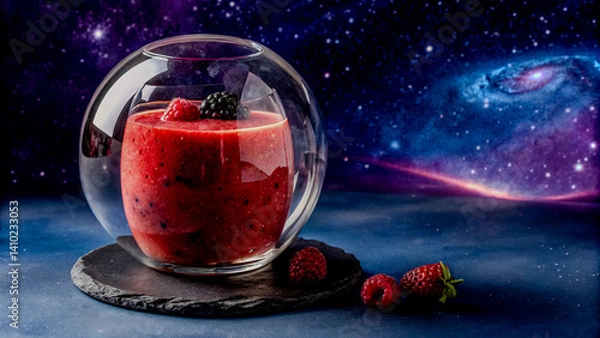 Obraz Red Berry Smoothie in a Transparent Glass Planet with a Galactic Background