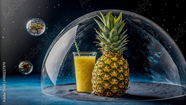 Fototapeta Refreshing Pineapple Drink Inside a Semi-Transparent Planetary Shell