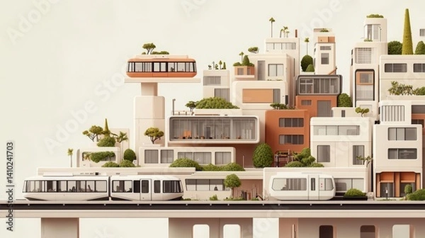 Fototapeta Crosssectional technical drawing of an urban canyon city, showcasing cantilevered homes, vertical parks, and a monorail transportation system
