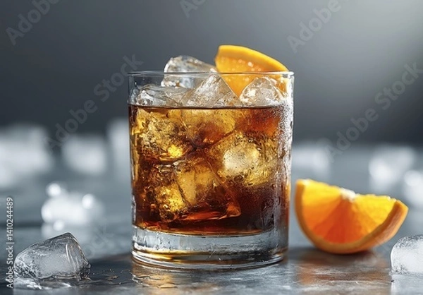 Obraz Refreshing Glass of Ice-Cold Beverage with Orange Slice and Ice Cubes in Close-Up, Perfect for Summer Enjoyment and Relaxation Moments