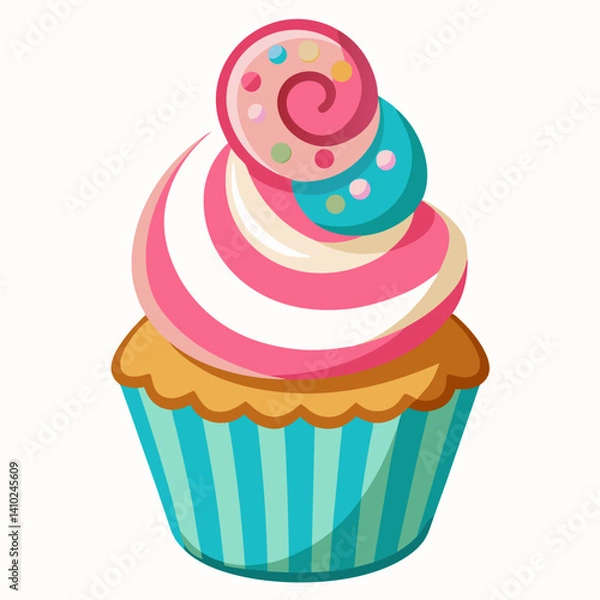 Obraz A cupcake topped with pink and orange stripes, showcasing a vibrant and colorful frosting design.