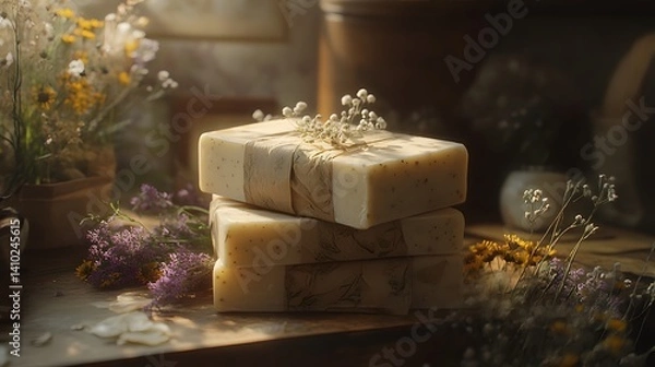 Fototapeta Elegant arrangement of handmade soaps and fresh flowers in a charming display capturing nature's beauty