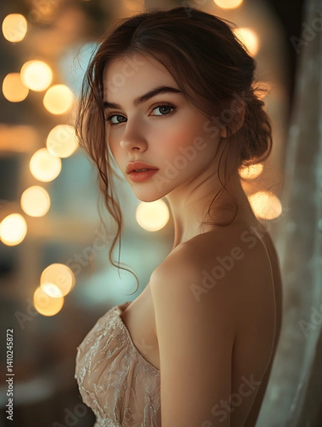 Fototapeta An elegant woman facing side way looking at the camera
