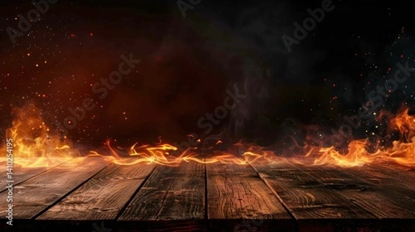 Obraz Rustic wooden table plank with fire flame burning on background. Generated AI image