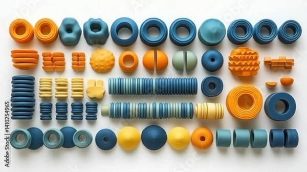Fototapeta Colorful assortment of rubber shapes arranged neatly on a white background