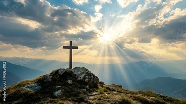 Fototapeta crucifix at the top of a mountain with sunlight breaking through the clouds inspirational christian image