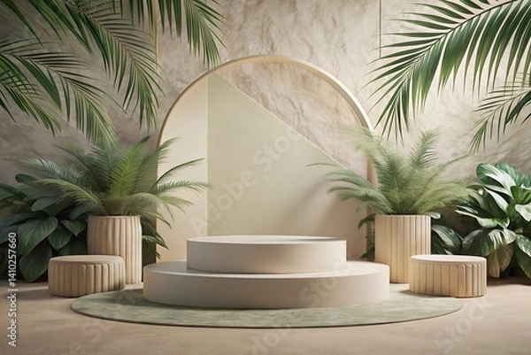 Fototapeta Serene oasis: a minimalist sanctuary bathed in soft, natural light, showcasing a calming display of lush greenery and neutral tones on a circular platform.