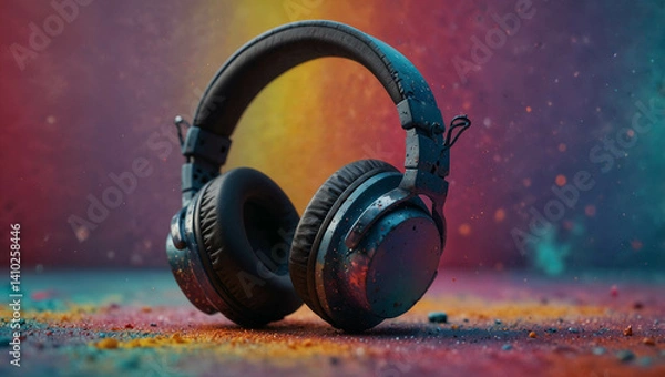 Fototapeta Headset headphones on colorful pastel splash background. Minimal abstract party, fun and love for music concept. Lifestyle and design idea. Copy space.	