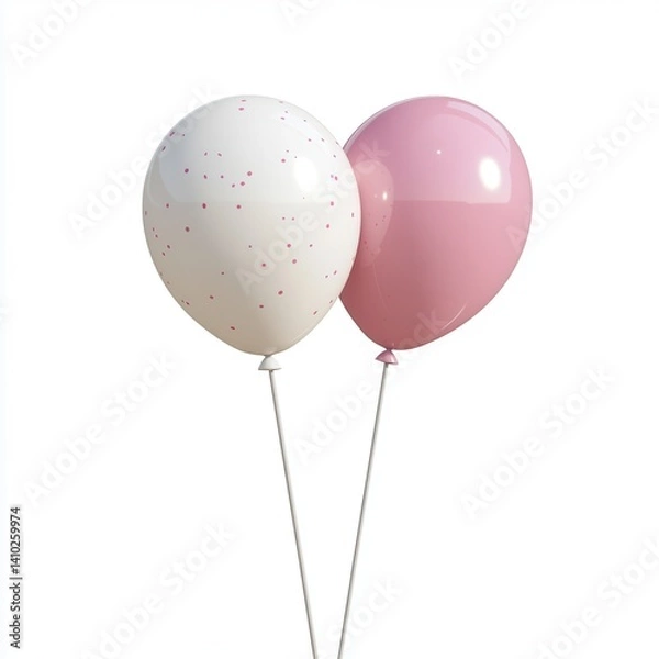 Fototapeta Two pastel balloons, one white with pink polka dots, the other a soft pink, sit side by side, tied with a thin string against a plain white background