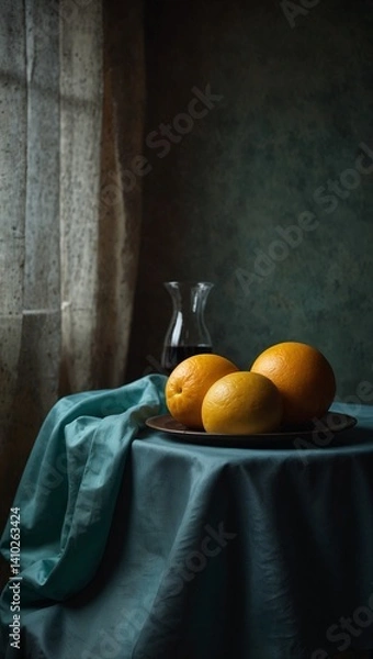 Fototapeta Still life with fruits and bottles and a cloth on table. Art and oil paintings concept. With copy space.	