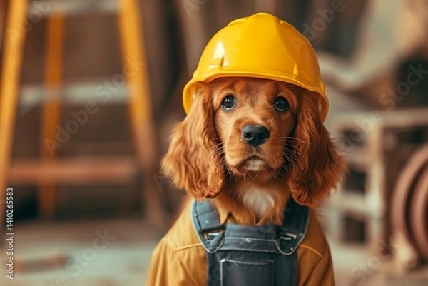 Obraz Cocker spaniel puppy in a construction helmet