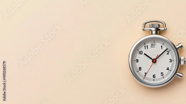 Obraz A classic silver stopwatch rests on a pale beige background providing ample copy space perfect for time management concepts or sports related designs and projects.